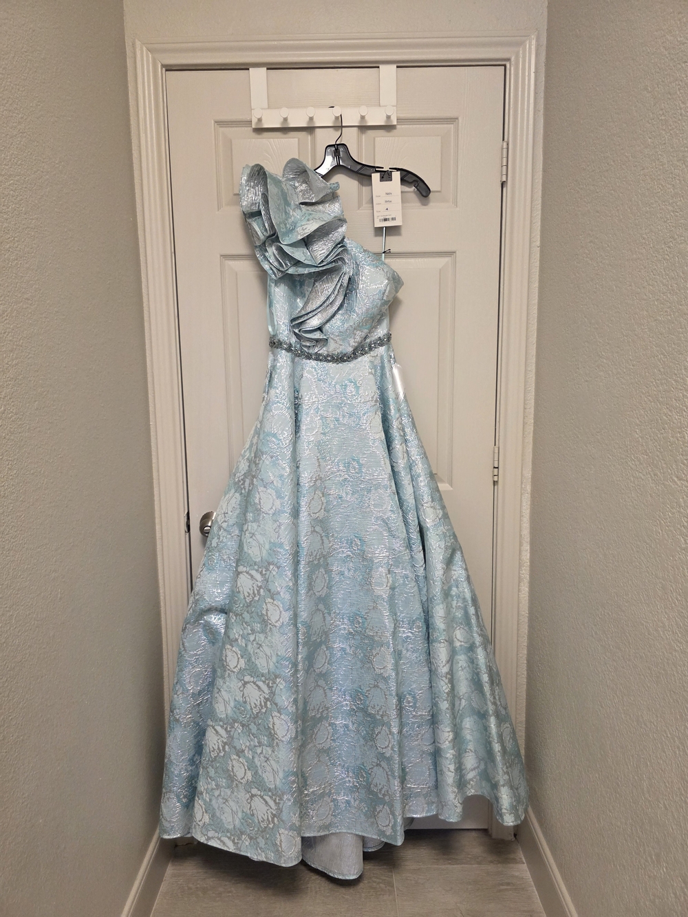 Mac Duggal Light Blue One-Shoulder Floral Jacquard Ball Gown